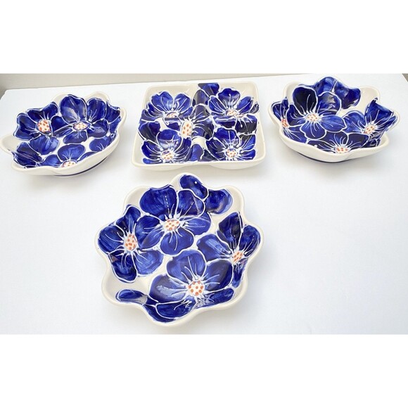 Vintage Ceramicas Anoru Spain Hand painted Floral Bowls Blue And White Snack Set - Picture 8 of 9